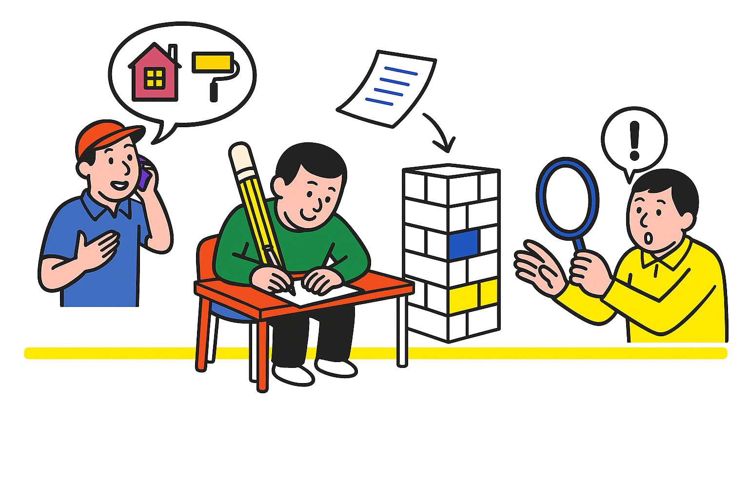 社長が電話で話すと、記事が書かれ、事例が積み上がり、お客様が見つける——サービスの流れを描いたカラー線画イラスト